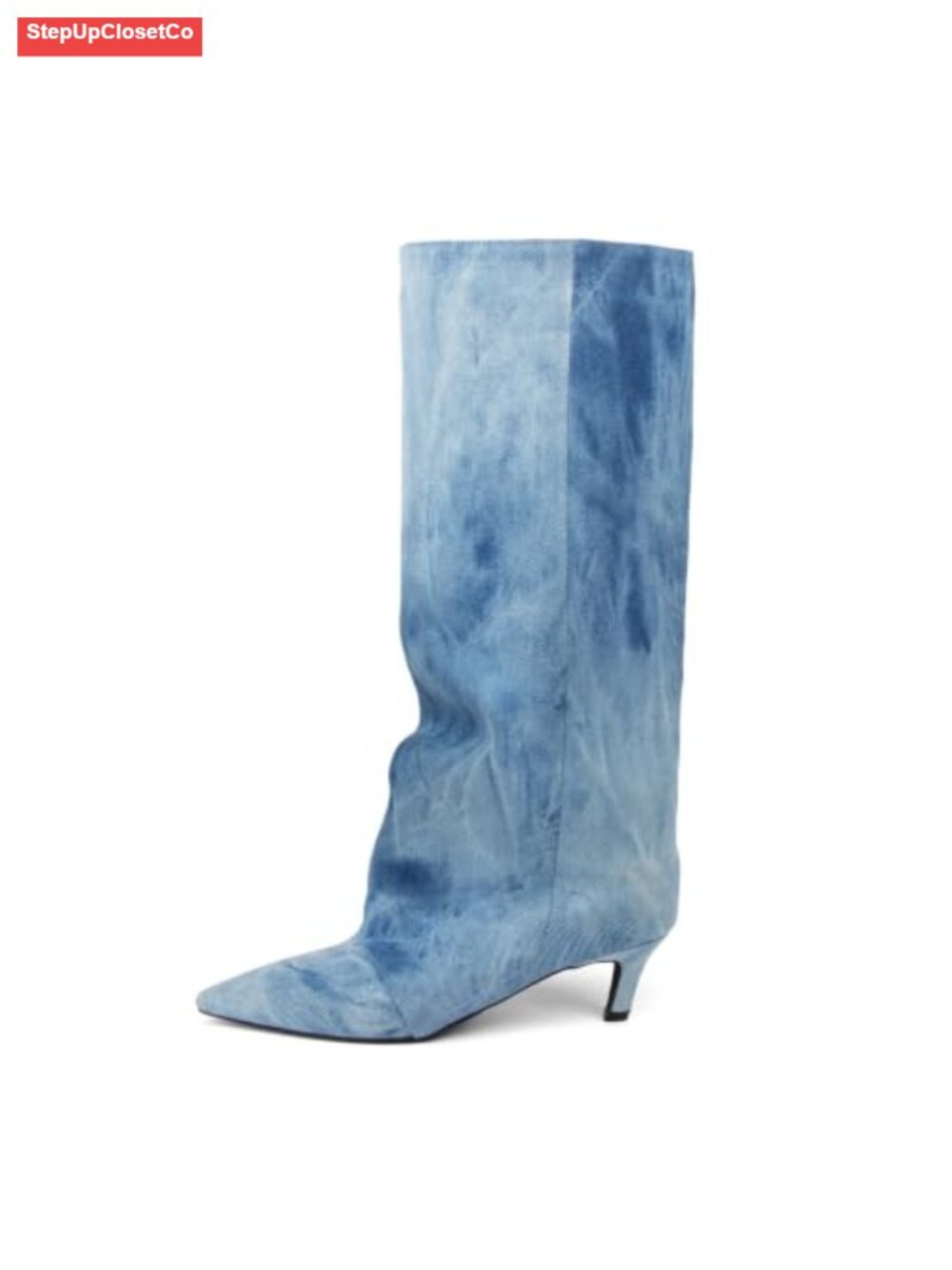 Knee High Boots Womens Pointed Toe Kitten Heel Fold Over Slouchy Pull On